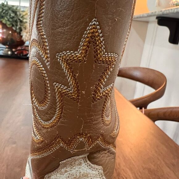 Rare Vintage Justin Cowboy Boots Cream Tan Leather Almond Toe Western Women’s 6B - Picture 10 of 11